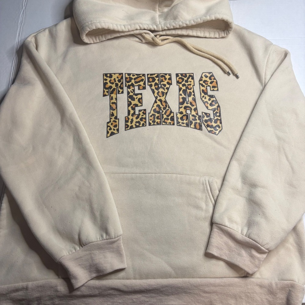 Texas Leopard Print Graphic Hoodie Cream Pullover Sweatshirt Women Large